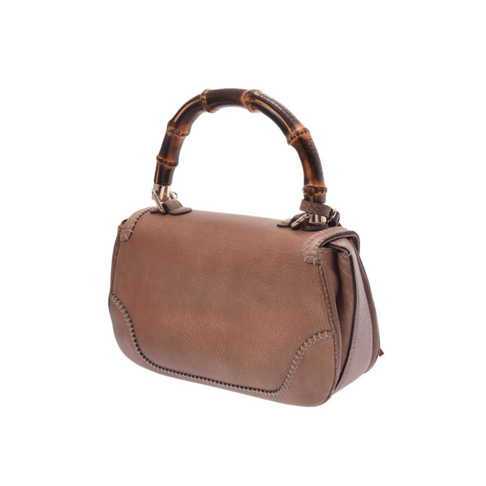 Gucci Top Leather Tan Handbag Bamboo 2way Mirror Handle Beige